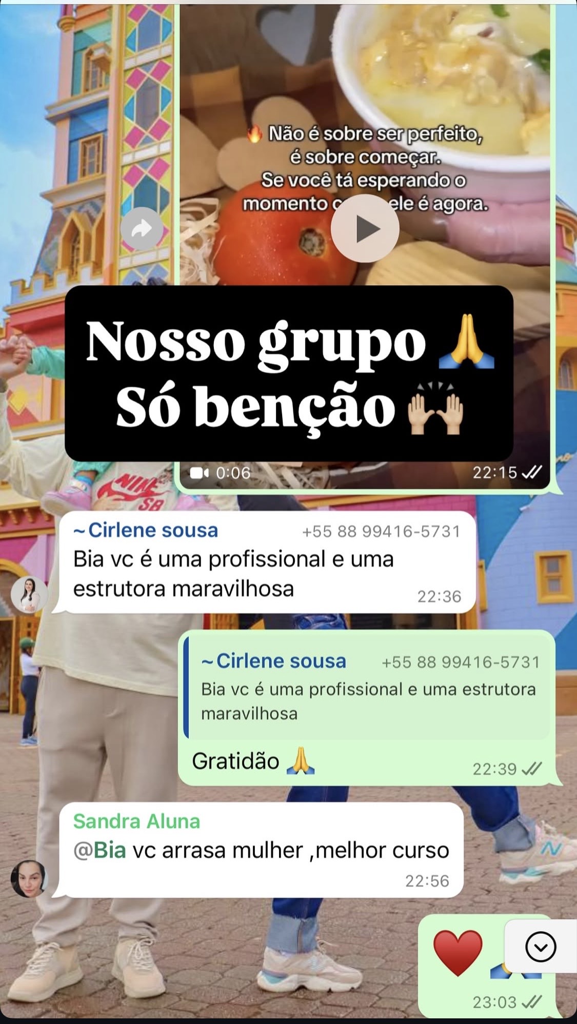 Mensagens do grupo de alunas elogiando o curso